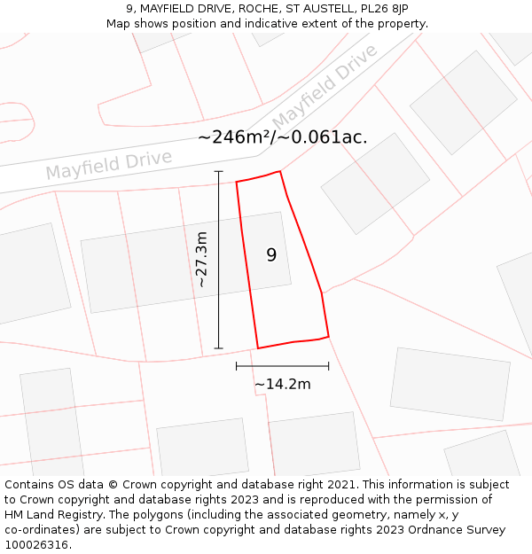 9, MAYFIELD DRIVE, ROCHE, ST AUSTELL, PL26 8JP: Plot and title map