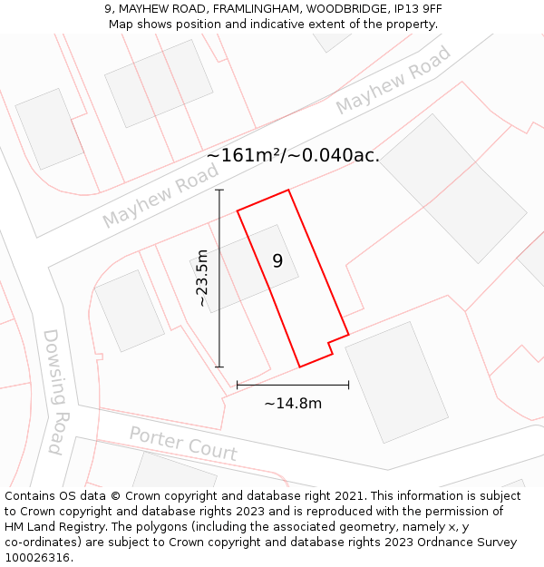 9, MAYHEW ROAD, FRAMLINGHAM, WOODBRIDGE, IP13 9FF: Plot and title map