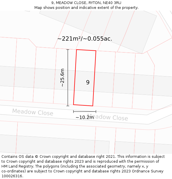 9, MEADOW CLOSE, RYTON, NE40 3RU: Plot and title map