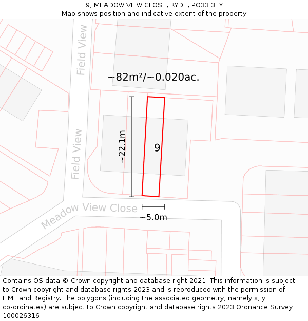9, MEADOW VIEW CLOSE, RYDE, PO33 3EY: Plot and title map