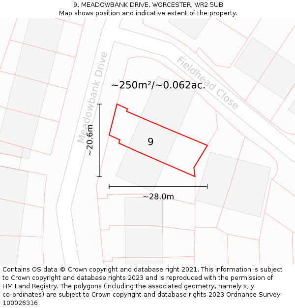 9, MEADOWBANK DRIVE, WORCESTER, WR2 5UB: Plot and title map