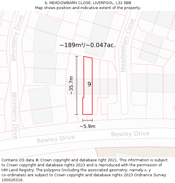 9, MEADOWBARN CLOSE, LIVERPOOL, L32 9BB: Plot and title map