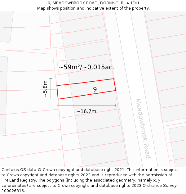 9, MEADOWBROOK ROAD, DORKING, RH4 1DH: Plot and title map
