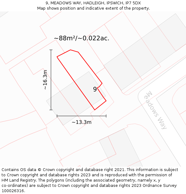 9, MEADOWS WAY, HADLEIGH, IPSWICH, IP7 5DX: Plot and title map
