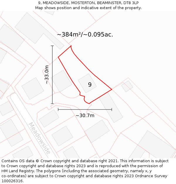 9, MEADOWSIDE, MOSTERTON, BEAMINSTER, DT8 3LP: Plot and title map