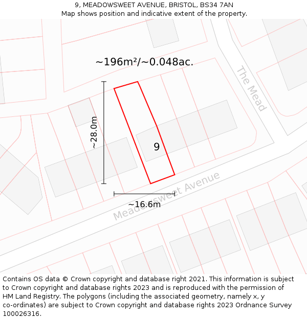 9, MEADOWSWEET AVENUE, BRISTOL, BS34 7AN: Plot and title map