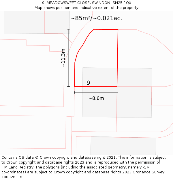 9, MEADOWSWEET CLOSE, SWINDON, SN25 1QX: Plot and title map