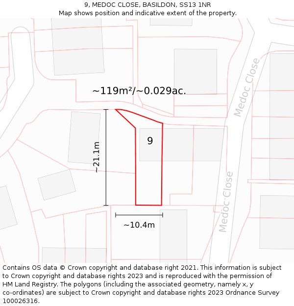 9, MEDOC CLOSE, BASILDON, SS13 1NR: Plot and title map