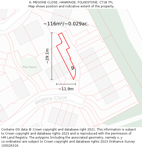 9, MEGONE CLOSE, HAWKINGE, FOLKESTONE, CT18 7FL: Plot and title map