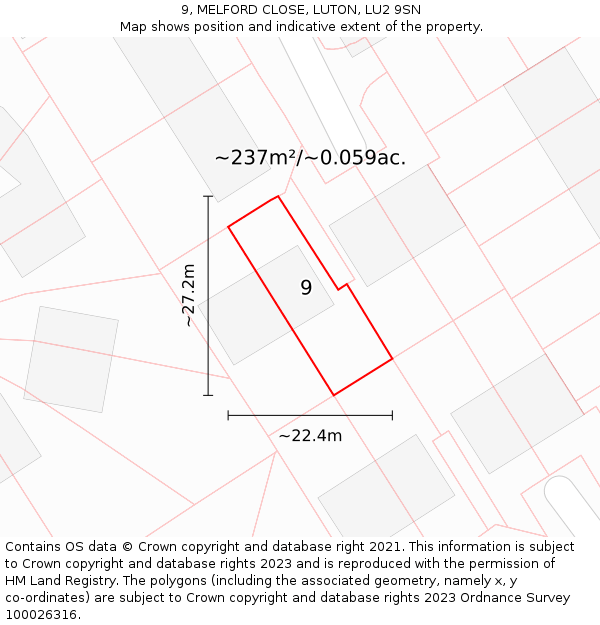 9, MELFORD CLOSE, LUTON, LU2 9SN: Plot and title map
