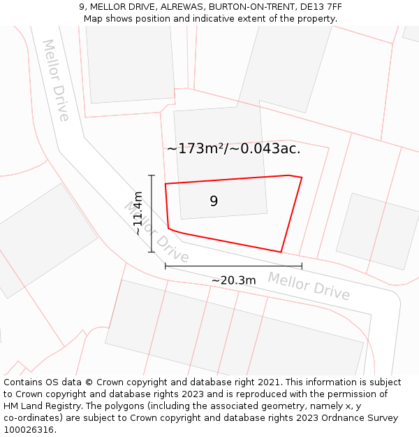 9, MELLOR DRIVE, ALREWAS, BURTON-ON-TRENT, DE13 7FF: Plot and title map
