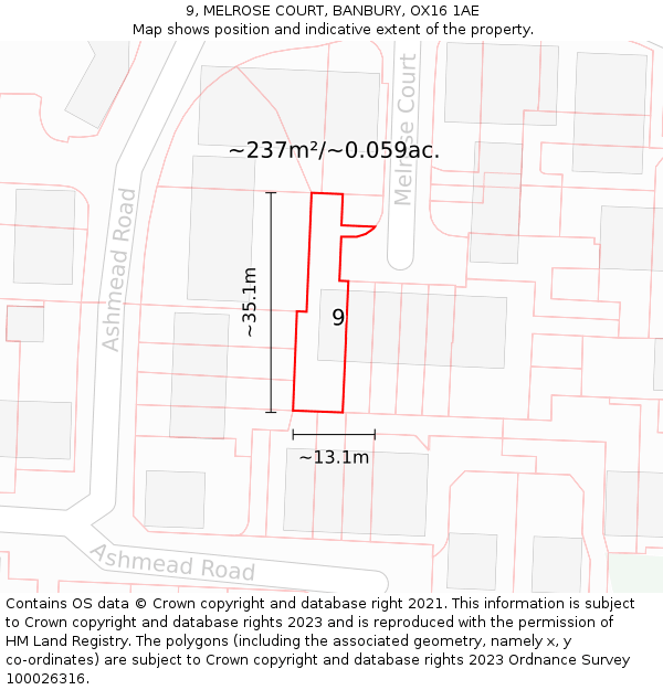 9, MELROSE COURT, BANBURY, OX16 1AE: Plot and title map