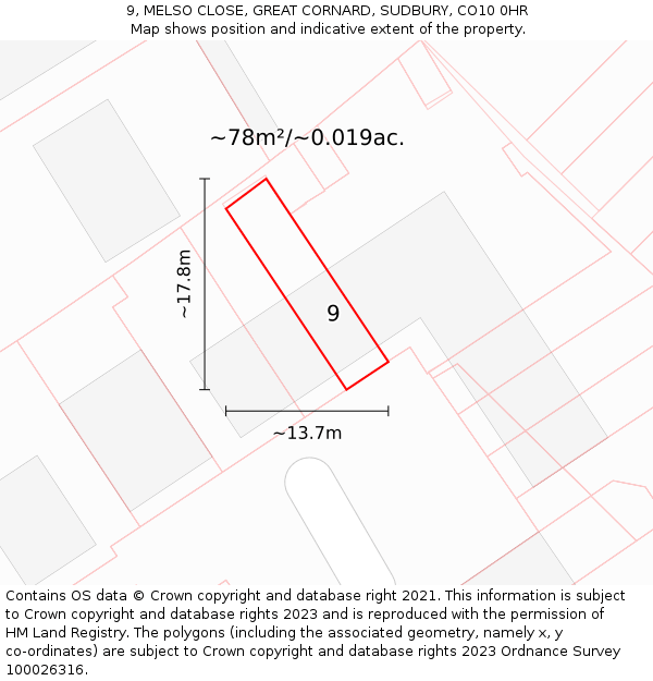 9, MELSO CLOSE, GREAT CORNARD, SUDBURY, CO10 0HR: Plot and title map