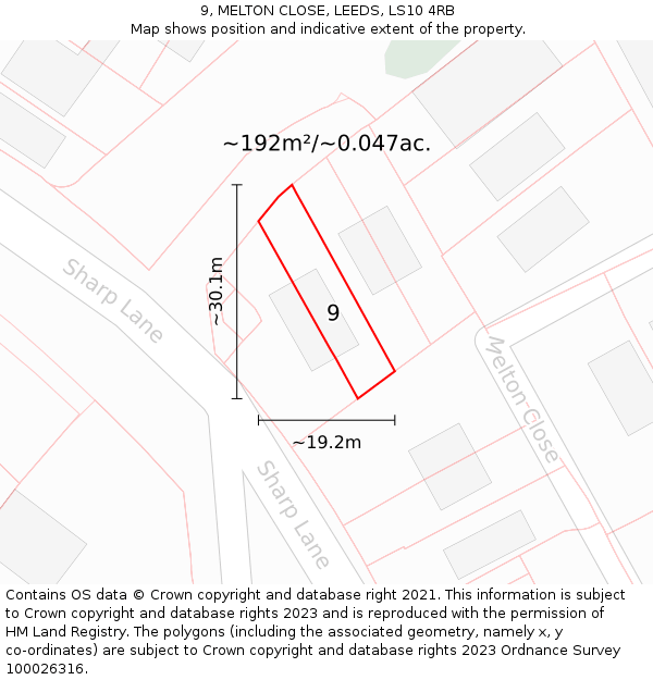 9, MELTON CLOSE, LEEDS, LS10 4RB: Plot and title map