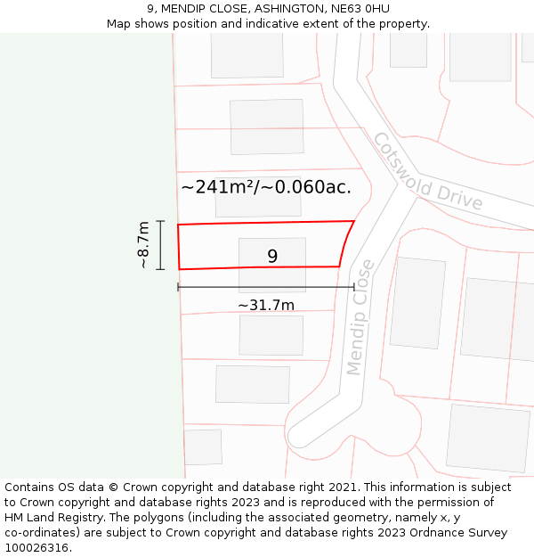 9, MENDIP CLOSE, ASHINGTON, NE63 0HU: Plot and title map