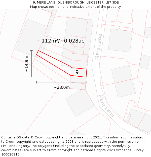 9, MERE LANE, QUENIBOROUGH, LEICESTER, LE7 3DE: Plot and title map