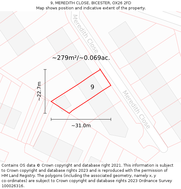 9, MEREDITH CLOSE, BICESTER, OX26 2FD: Plot and title map