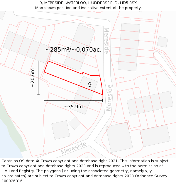 9, MERESIDE, WATERLOO, HUDDERSFIELD, HD5 8SX: Plot and title map