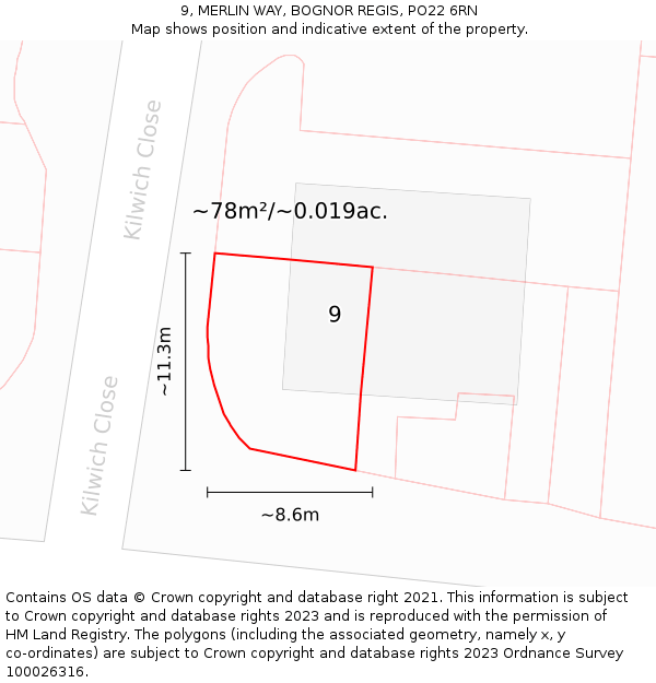 9, MERLIN WAY, BOGNOR REGIS, PO22 6RN: Plot and title map