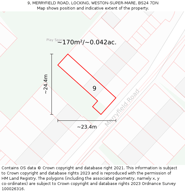 9, MERRYFIELD ROAD, LOCKING, WESTON-SUPER-MARE, BS24 7DN: Plot and title map