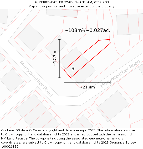 9, MERRYWEATHER ROAD, SWAFFHAM, PE37 7GB: Plot and title map