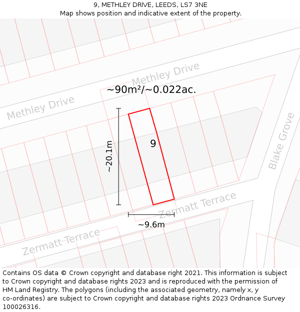 9, METHLEY DRIVE, LEEDS, LS7 3NE: Plot and title map