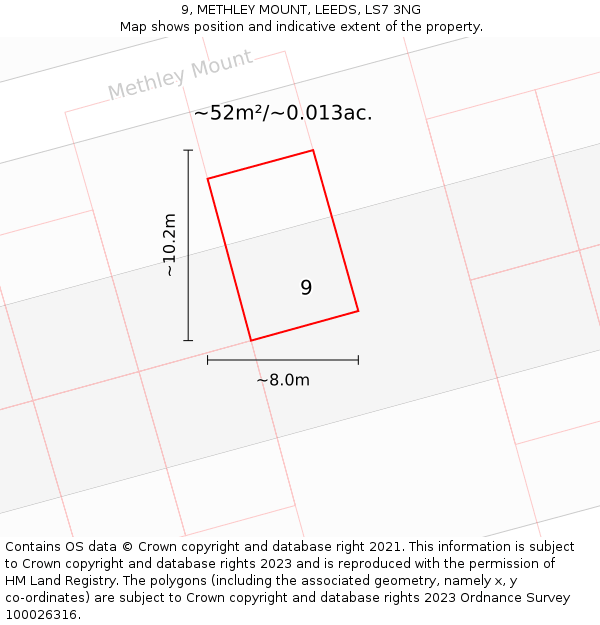 9, METHLEY MOUNT, LEEDS, LS7 3NG: Plot and title map