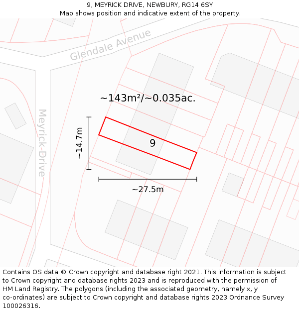 9, MEYRICK DRIVE, NEWBURY, RG14 6SY: Plot and title map