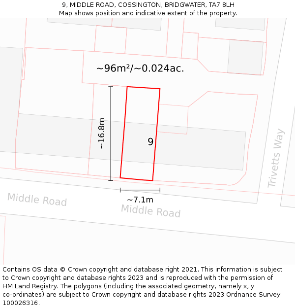 9, MIDDLE ROAD, COSSINGTON, BRIDGWATER, TA7 8LH: Plot and title map