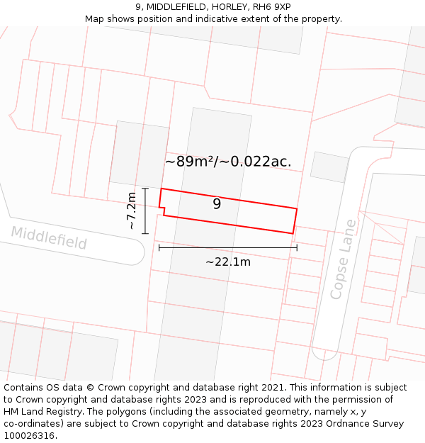 9, MIDDLEFIELD, HORLEY, RH6 9XP: Plot and title map