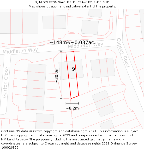 9, MIDDLETON WAY, IFIELD, CRAWLEY, RH11 0UD: Plot and title map
