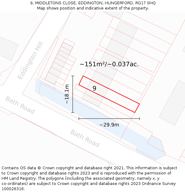 9, MIDDLETONS CLOSE, EDDINGTON, HUNGERFORD, RG17 0HQ: Plot and title map