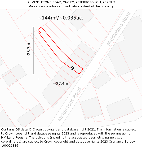 9, MIDDLETONS ROAD, YAXLEY, PETERBOROUGH, PE7 3LR: Plot and title map
