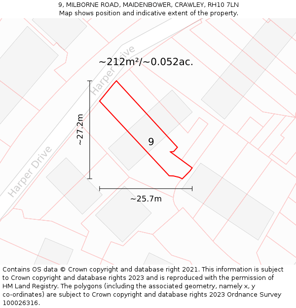 9, MILBORNE ROAD, MAIDENBOWER, CRAWLEY, RH10 7LN: Plot and title map