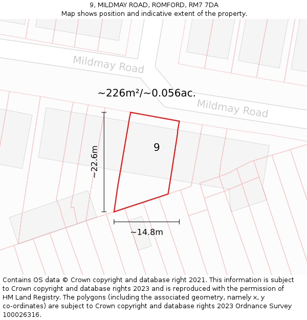 9, MILDMAY ROAD, ROMFORD, RM7 7DA: Plot and title map