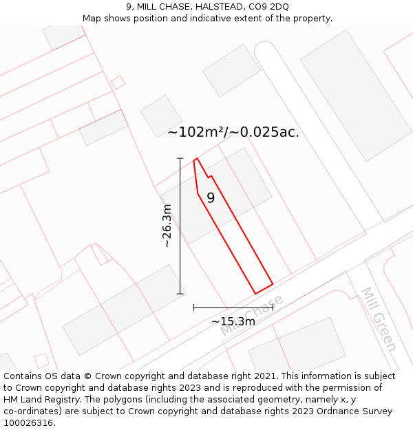 9, MILL CHASE, HALSTEAD, CO9 2DQ: Plot and title map