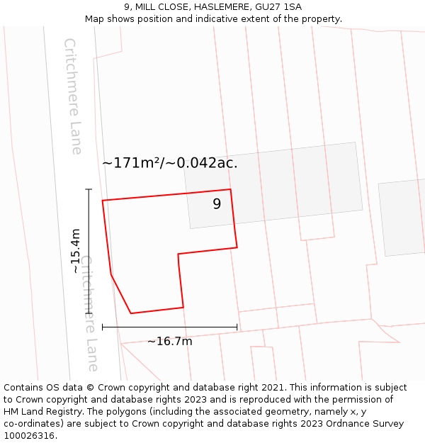 9, MILL CLOSE, HASLEMERE, GU27 1SA: Plot and title map