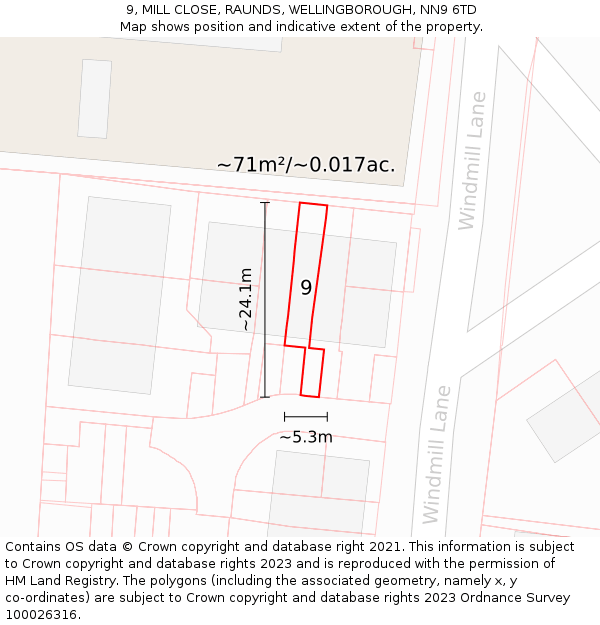 9, MILL CLOSE, RAUNDS, WELLINGBOROUGH, NN9 6TD: Plot and title map