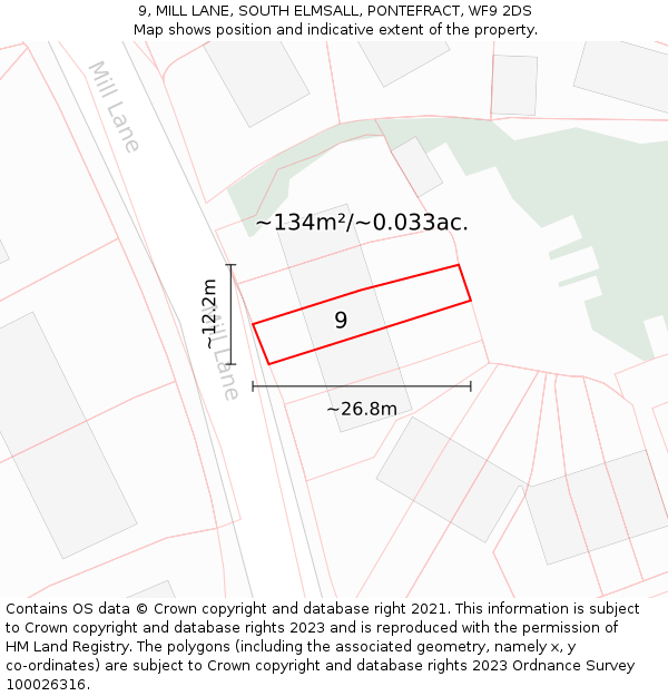 9, MILL LANE, SOUTH ELMSALL, PONTEFRACT, WF9 2DS: Plot and title map