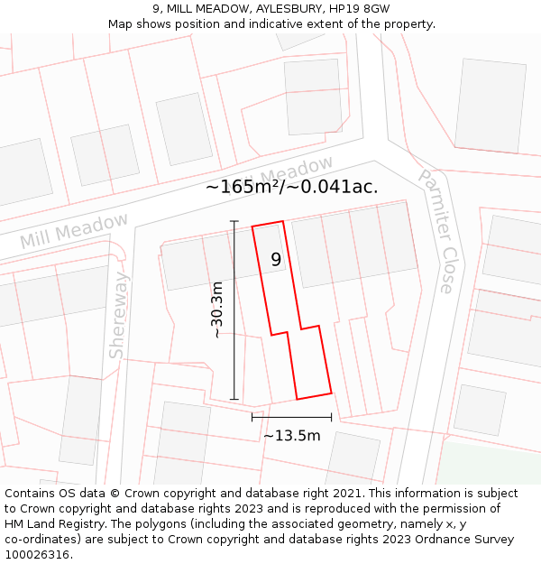 9, MILL MEADOW, AYLESBURY, HP19 8GW: Plot and title map