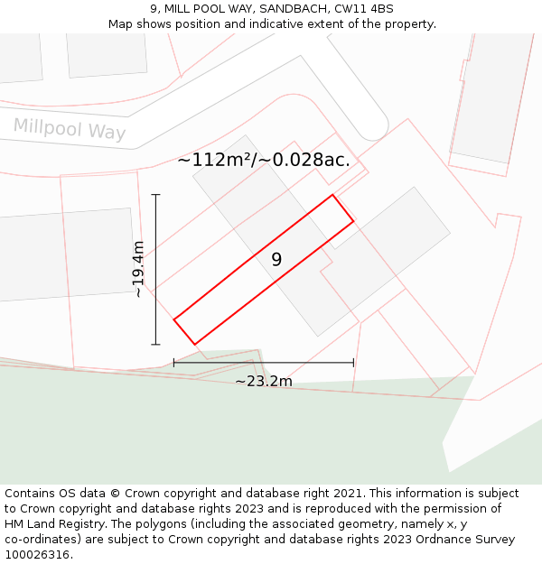 9, MILL POOL WAY, SANDBACH, CW11 4BS: Plot and title map