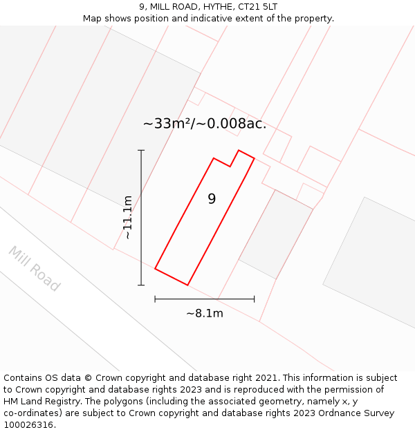 9, MILL ROAD, HYTHE, CT21 5LT: Plot and title map