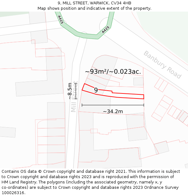 9, MILL STREET, WARWICK, CV34 4HB: Plot and title map