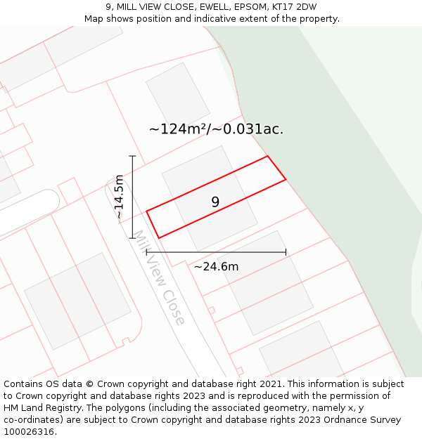 9, MILL VIEW CLOSE, EWELL, EPSOM, KT17 2DW: Plot and title map
