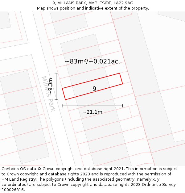 9, MILLANS PARK, AMBLESIDE, LA22 9AG: Plot and title map