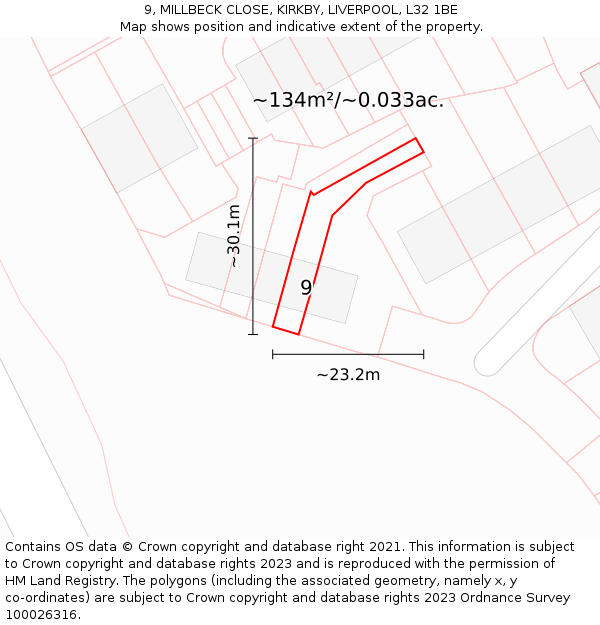 9, MILLBECK CLOSE, KIRKBY, LIVERPOOL, L32 1BE: Plot and title map