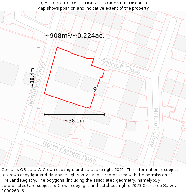9, MILLCROFT CLOSE, THORNE, DONCASTER, DN8 4DR: Plot and title map