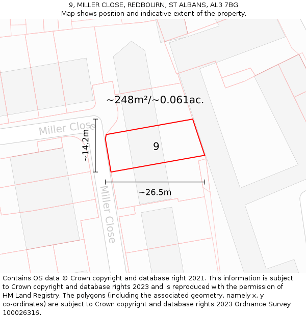 9, MILLER CLOSE, REDBOURN, ST ALBANS, AL3 7BG: Plot and title map