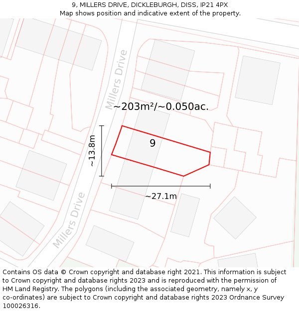 9, MILLERS DRIVE, DICKLEBURGH, DISS, IP21 4PX: Plot and title map