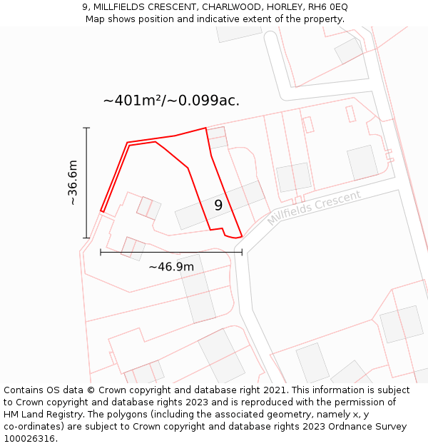 9, MILLFIELDS CRESCENT, CHARLWOOD, HORLEY, RH6 0EQ: Plot and title map